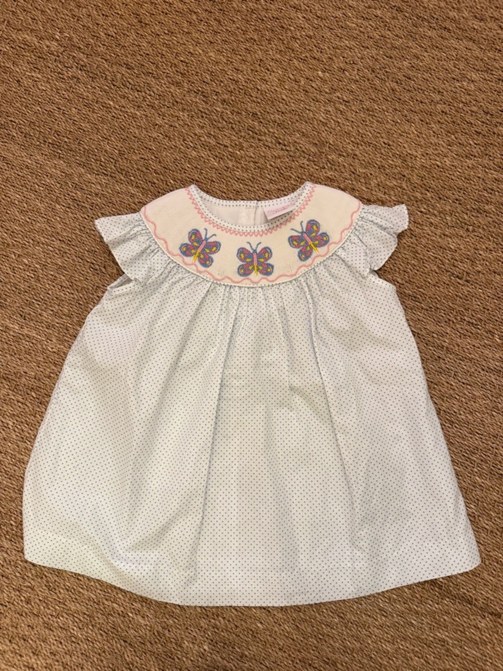 White Polka Dot Girls Dress with Butterfly Yoke